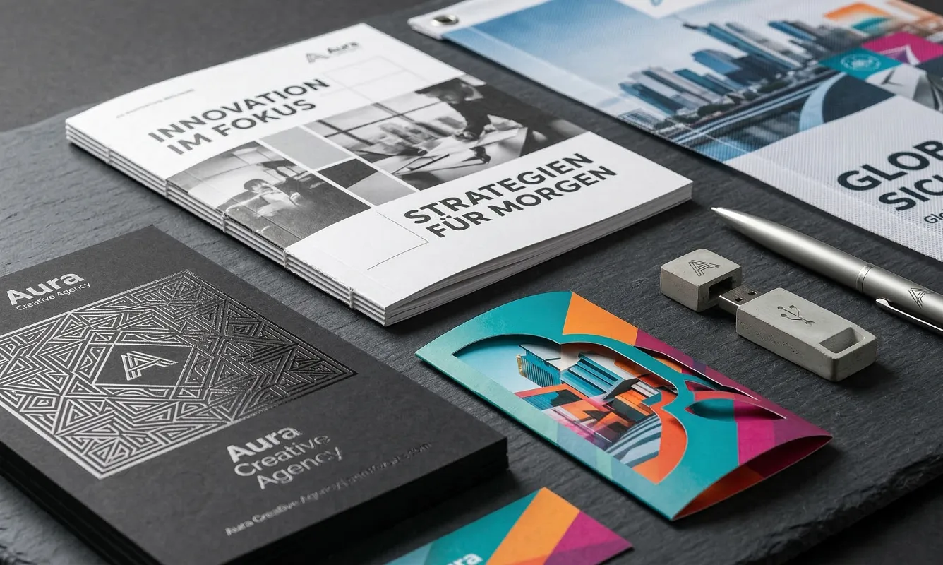 Kreative Werbedrucksorten und Werbemittel von infinite: Hochwertiges Design für Folder, Broschüren und gebrandete Werbeartikel zur effektiven Inszenierung Deiner Marke.