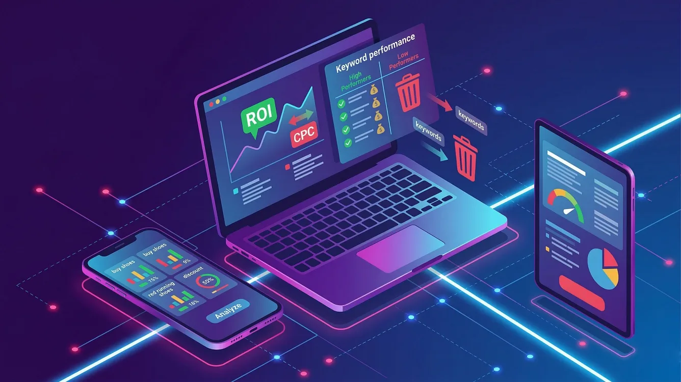 Digitale Dashboards mit Balkendiagrammen und Daten-Interfaces zur Analyse von Google Ads Keywords zeigen den professionellen SEA-Audit von infinite.