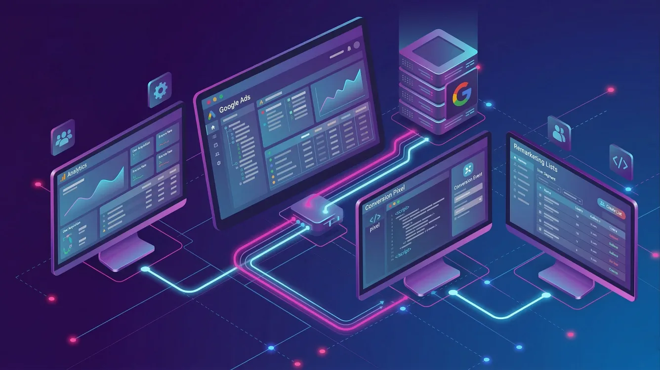 Vernetzung von Google Ads, Analytics und Conversion-Pixel-Daten für präzises Tracking und Remarketing-Listen.