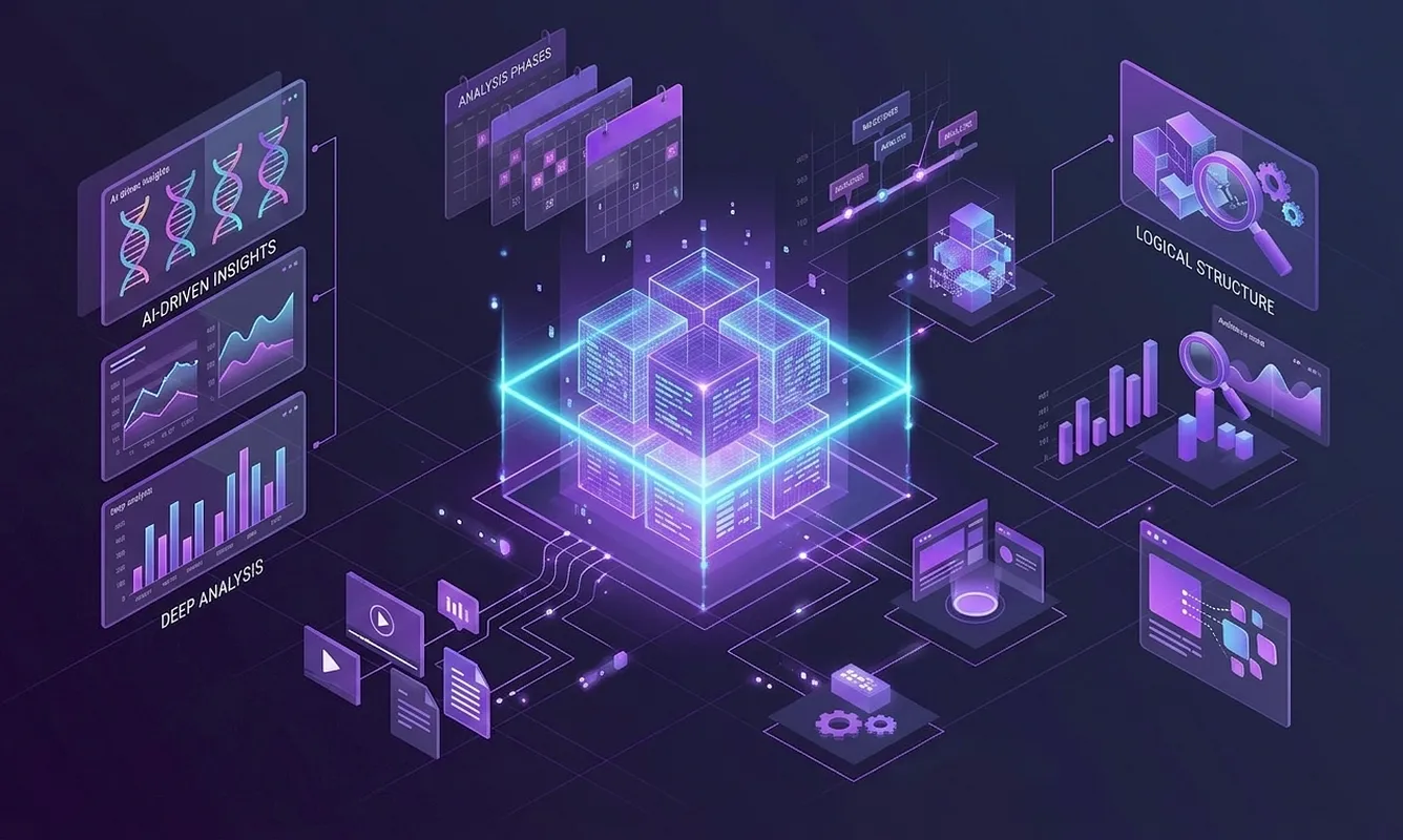 Professionelle Status-Quo-Analyse und Marktforschung in Österreich: Ein glühendes violettes Vektor-Hologramm visualisiert die Datenauswertung als faktenbasiertes Fundament für das Marketing-Konzept der Marketingagentur infinite.
