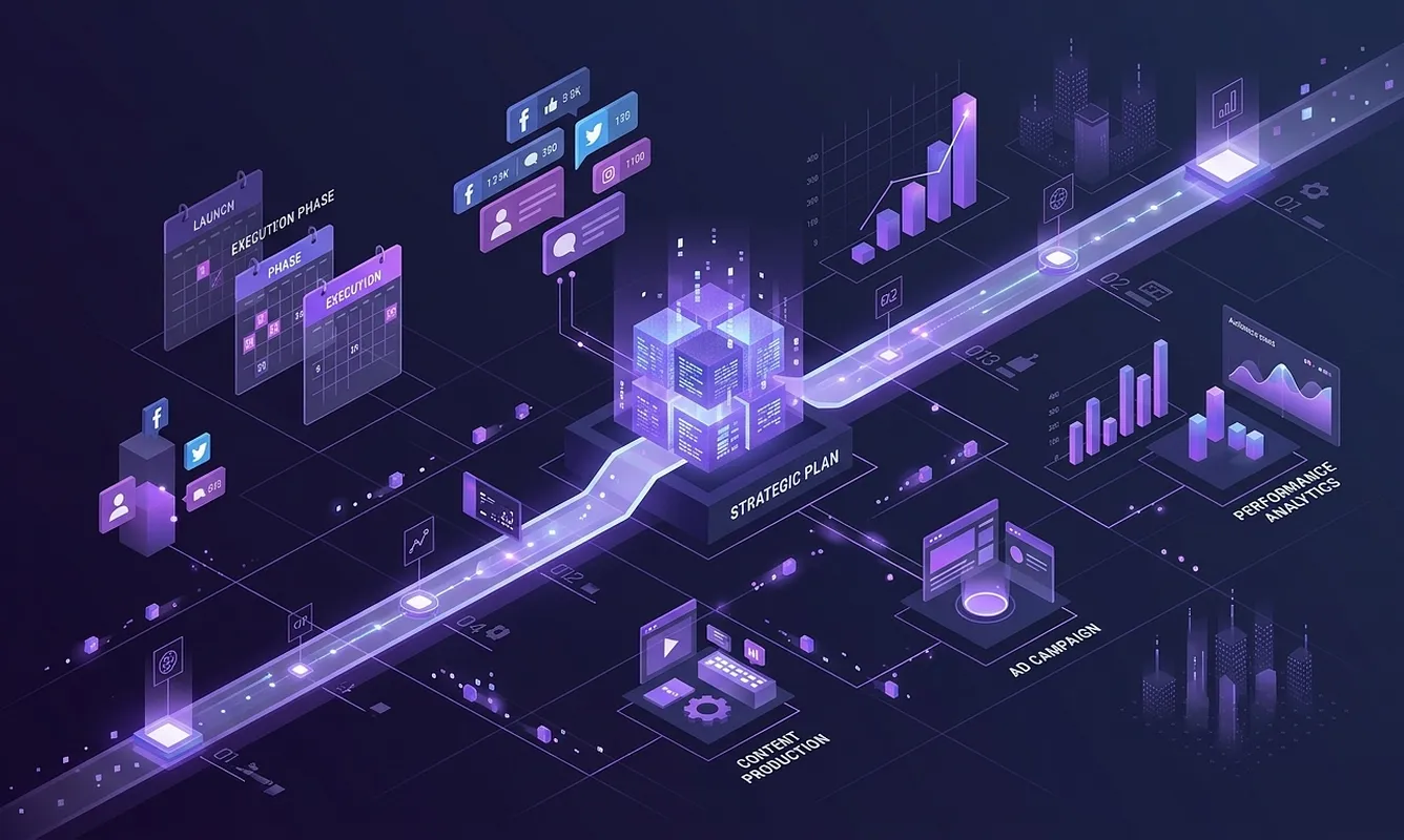 Taktischer Marketing-Einsatzplan von infinite: Ein vernetztes System aus Social Media, SEO, Web und Print-Modulen sorgt für effiziente Ressourcenverteilung und messbaren Erfolg.