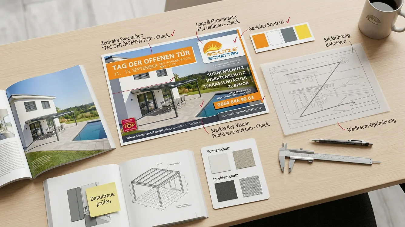 Professionelle Inseratgestaltung mit gezielter Blickführung, effektivem Einsatz von Weißraum und werbepsychologisch optimiertem Layout für klare Werbebotschaften.