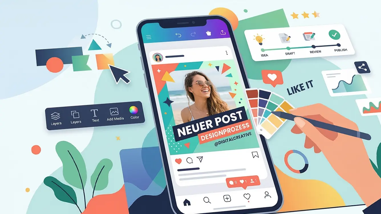 Einzigartige Gestaltung von Social Media Content und Social Ads visuell dargestellt in einer professionellen 2D Illustration.