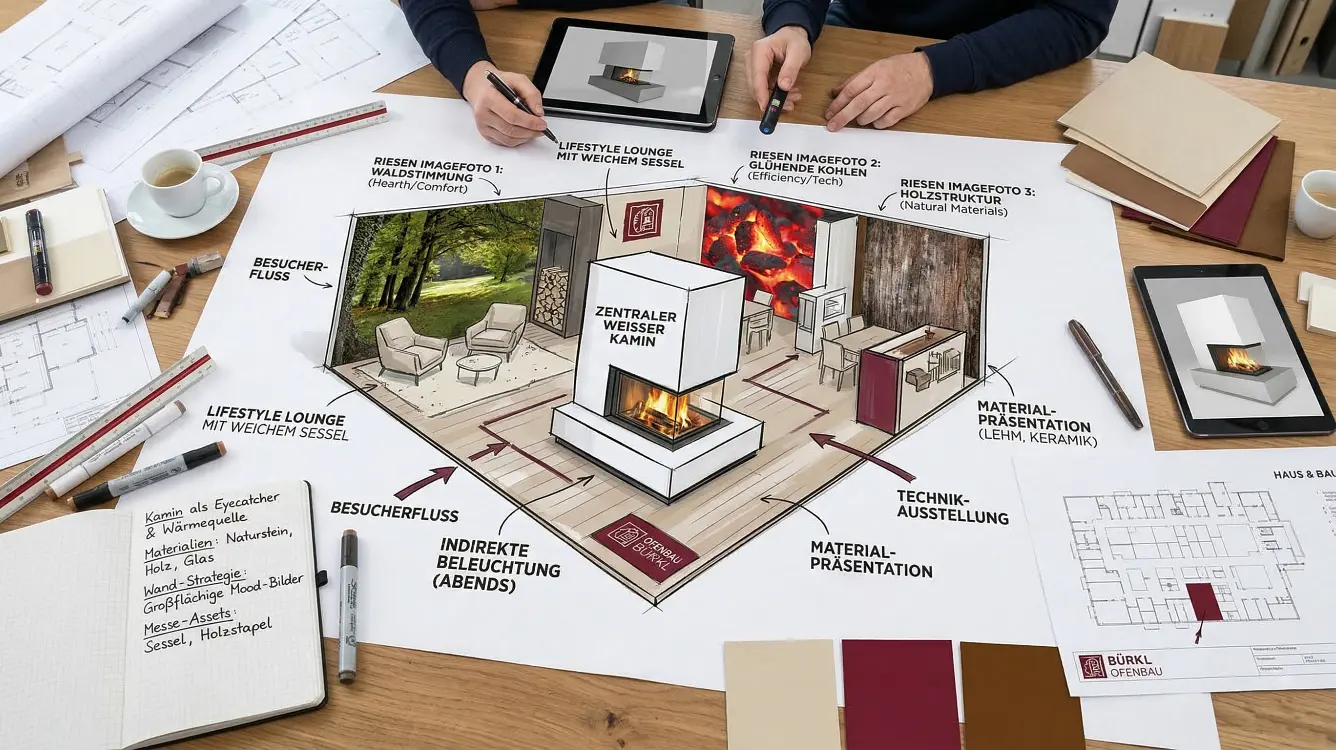 Strategische Konzeptionsphase für einen Messestand: Planung von Besucherströmen, Eyecatchern und Materialauswahl für eine effiziente Raumstrategie.