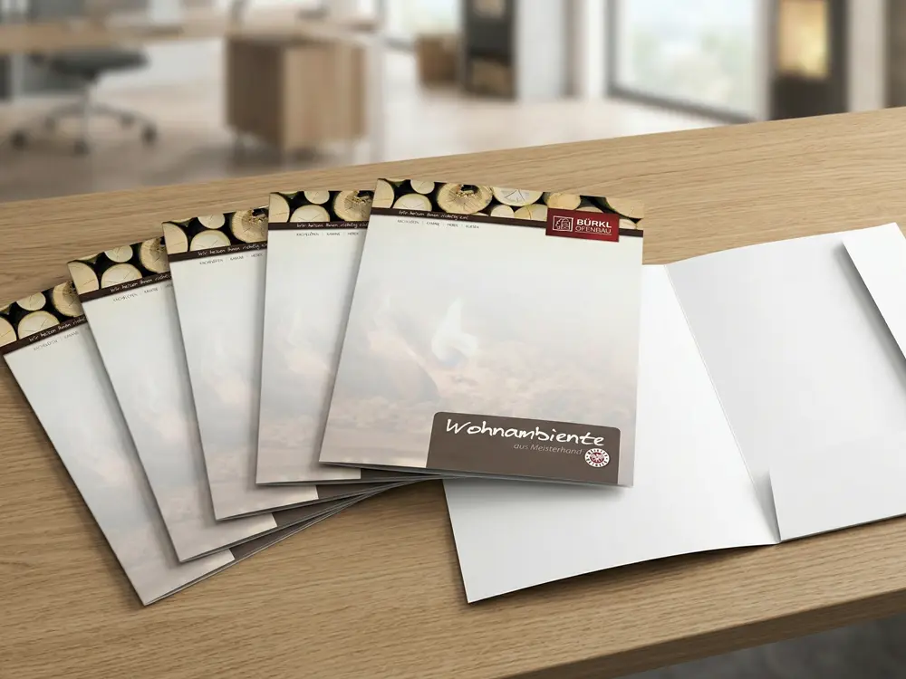 Einseitig bedruckte Angebotsmappen im hochwertigen Digitaldruck mit 2 Laschen, realisiert auf stabilem 350g/m² Bilderdruckkarton.