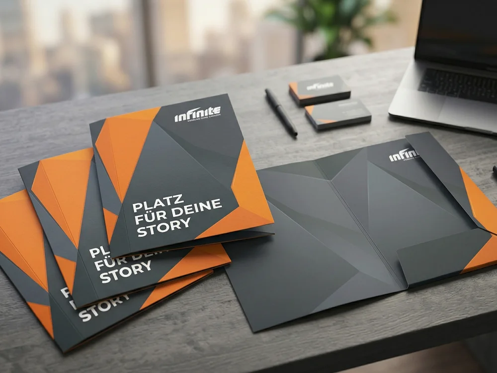 Beidseitig bedruckte Werbemappen im Format A5 mit matter Cellophanierung für Werbeunterlagen und ansprechende Kundenpräsentationen.