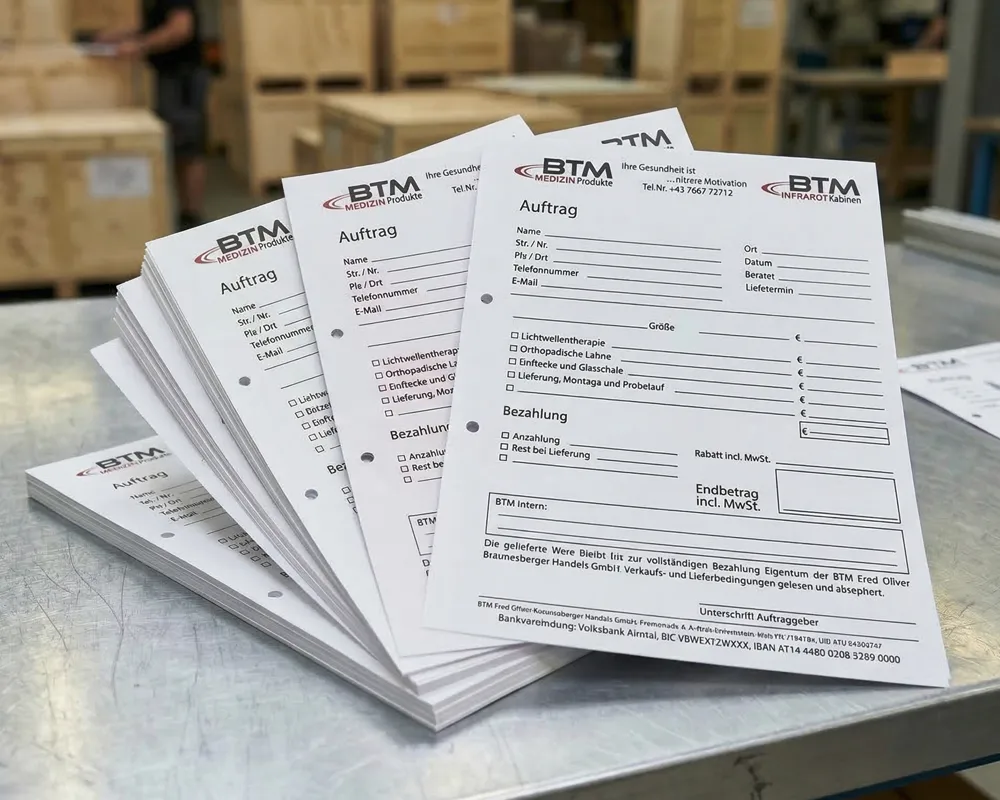 Einzelne Durchschreibesätze à 2 Blatt mit praktischer 2-facher Lochung, realisiert für BTM Infrarotkabinen.