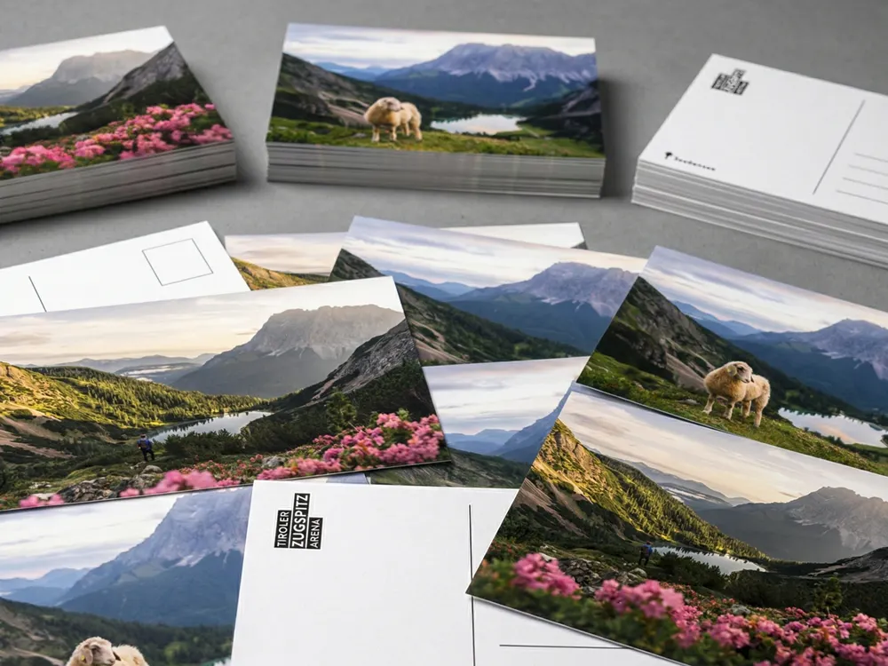 Hochwertige Postkarten mit Werbemotiven und einseitig glänzender Cellophanierung für den Einsatz im Tourismus und Handel.