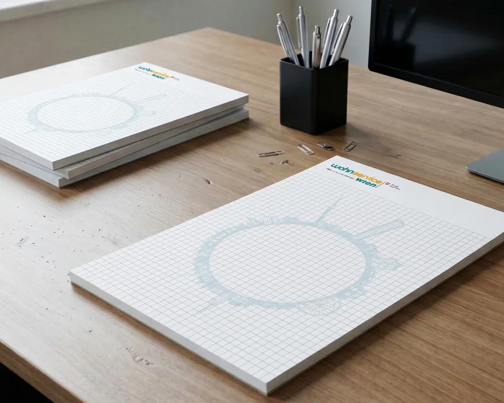 Individuell bedruckte Geschäftsblöcke drucken in Österreich für Wohnservice Wien mit infinite.