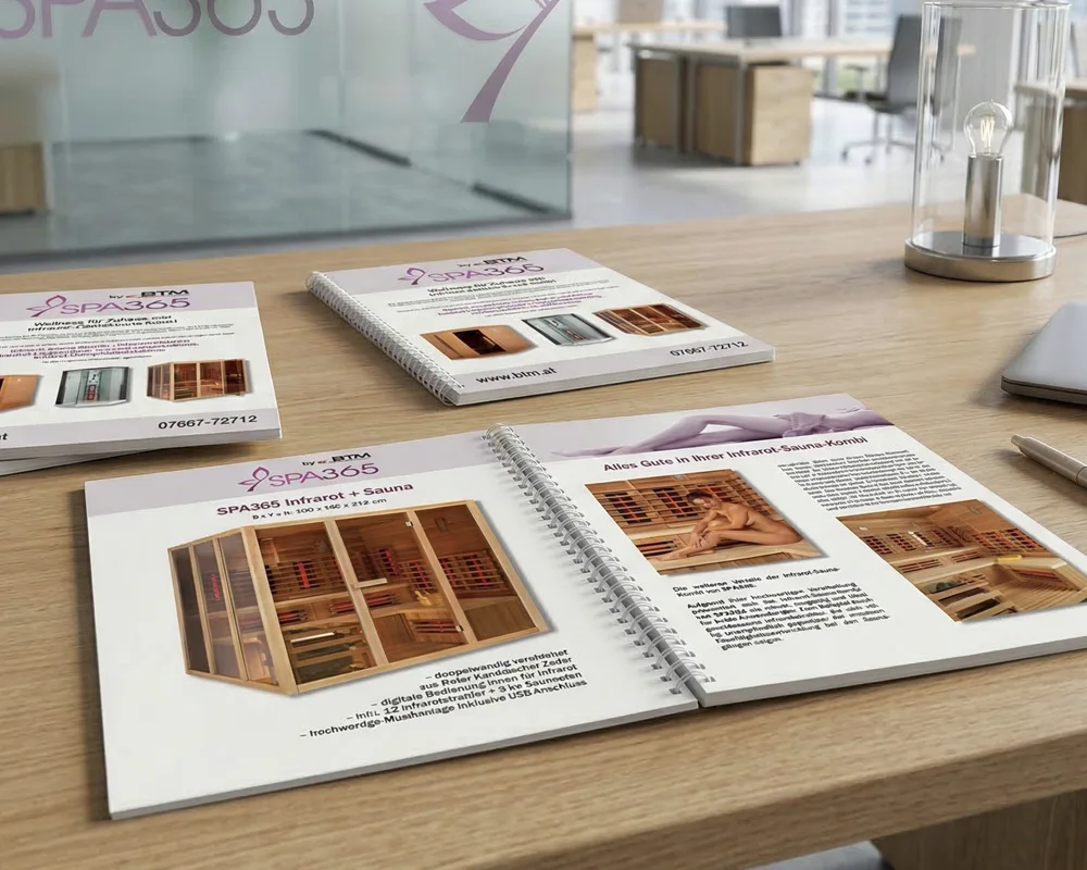 Werbeprospekte mit Spiralbindung für BTM Infrarotkabinen – perfekt für Dokumente und Präsentationen im täglichen Einsatz.