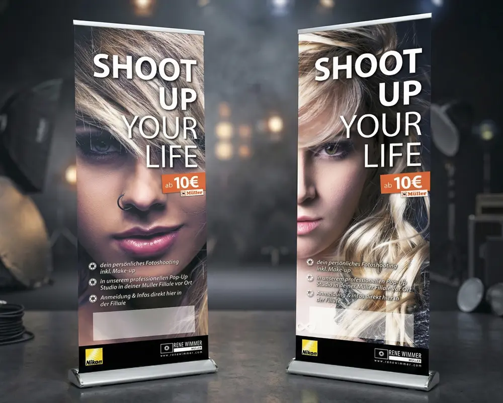 Elegante Roll-Ups mit Design-Kassette, integrierten Standfüßen und brillantem 4c Druck für Premium-Ansprüche.