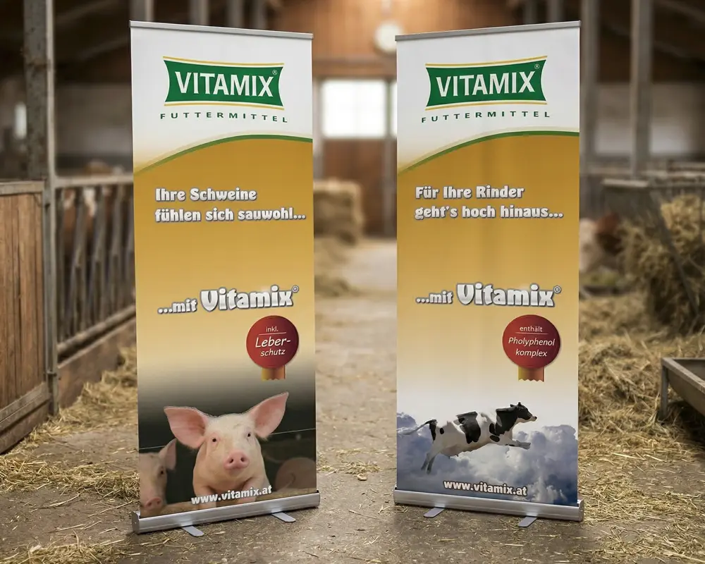 Roll-Ups der Classic-Serie mit hochwertigem 4c Direktdruck auf 135g/m² PP-Folie, das günstige Bannerdisplay in Österreich.