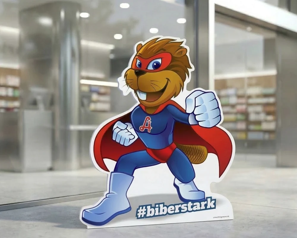 Individuelle Biber-Pappfiguren für eine Apothekenkette von infinite – Hochwertige Figurenaufsteller im Konturschnitt in Österreich drucken lassen.