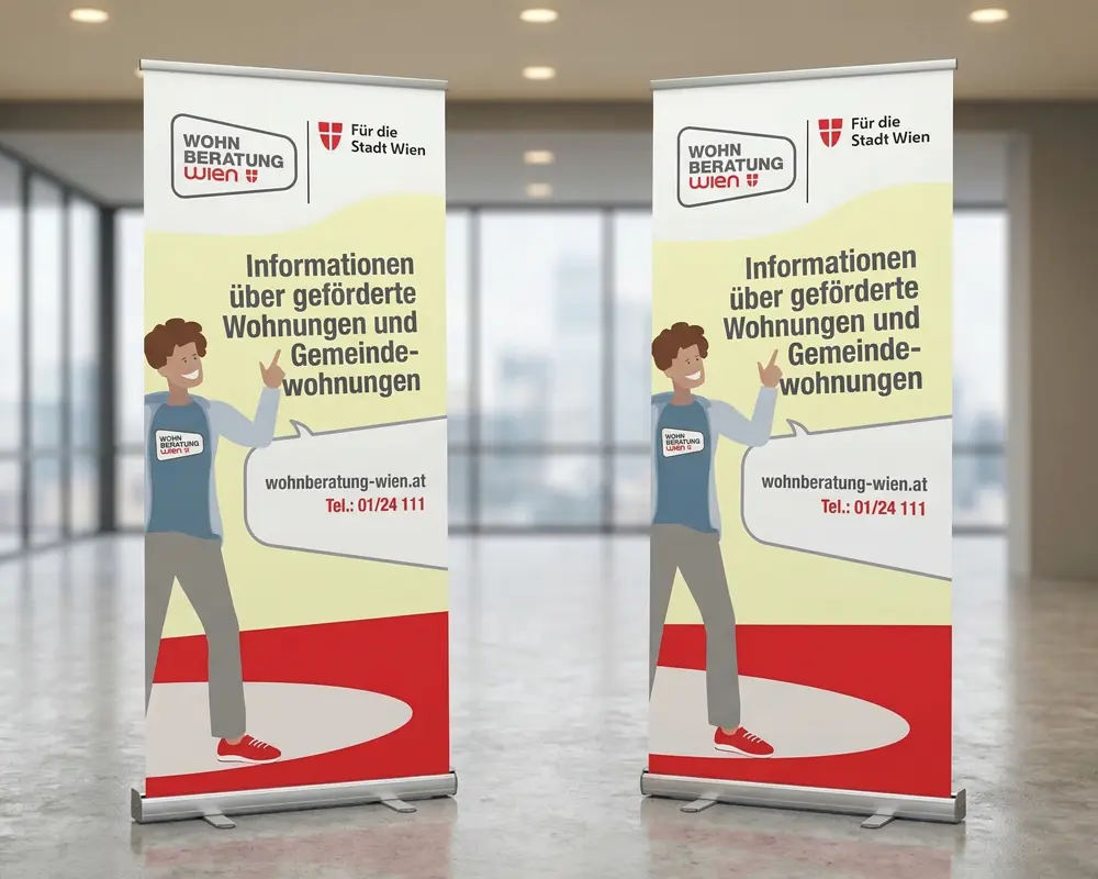 Premium-Roll-Ups mit stabilen Standfüßen, hochwertiger Roll-Up-Kassette und breiter Materialauswahl, der Top-Seller für Messeauftritte.