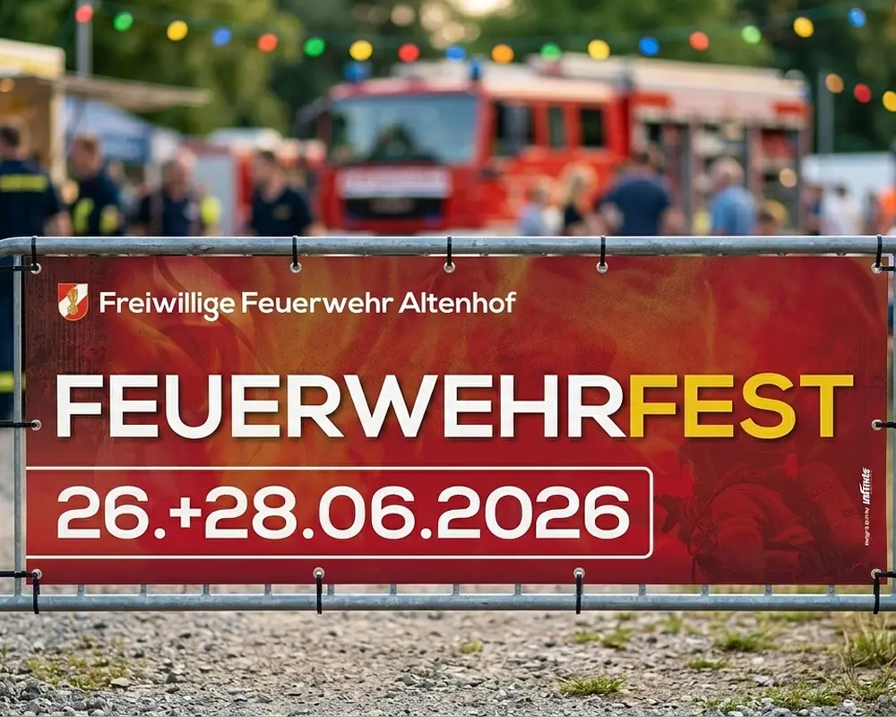 Individuell bedrucktes Werbetransparent für ein Feuerwehrfest – wetterfeste Eventwerbung der Agentur infinite für regionale Veranstaltungen.