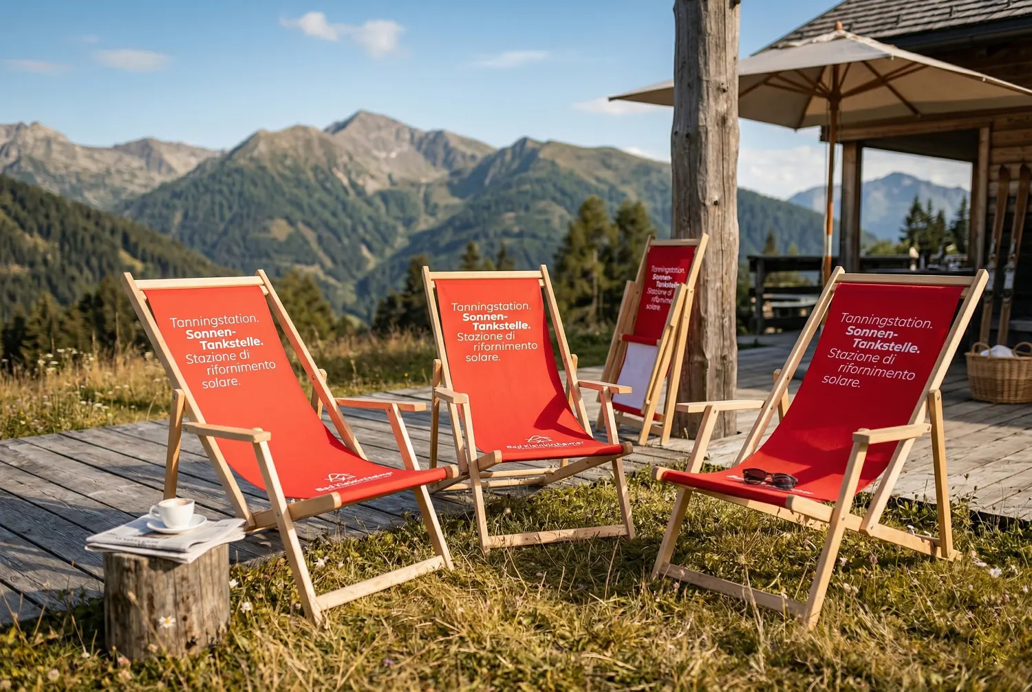 Individuell bedruckte Liegestühle für die Gäste der Bad Kleinkirchheimer Bergbahnen: Hochwertiger Textildruck und Produktion durch die Agentur infinite.
