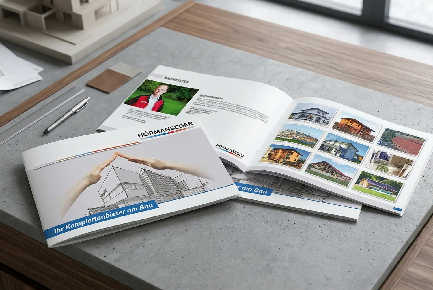Gestaltung und Umsetzung einer Werbebroschüre für die Hörmanseder GmbH: Produktion von Corporate Fashion und Werbeflyern für das Bauunternehmen durch infinite.