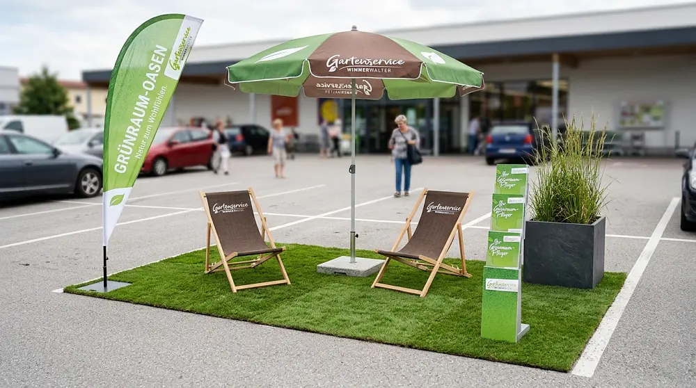 Guerilla Marketing Konzept für Gartenservice Wimmer: Eine mobile Grünraum-Oase mit Rollrasen und Liegestühlen auf einem Supermarkt-Parkplatz.